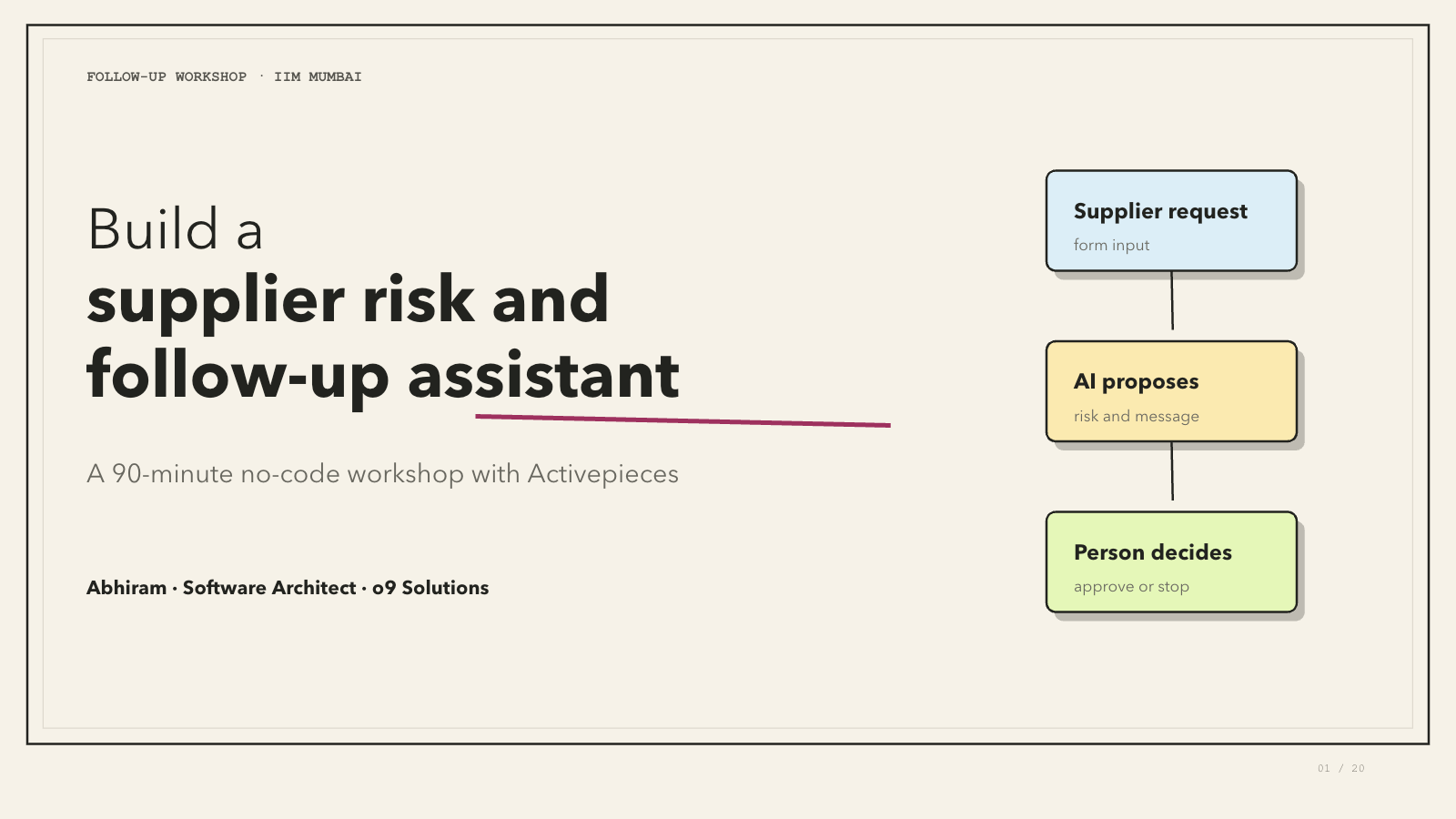 Slide 1 of 21: Build a supplier risk and follow-up assistant